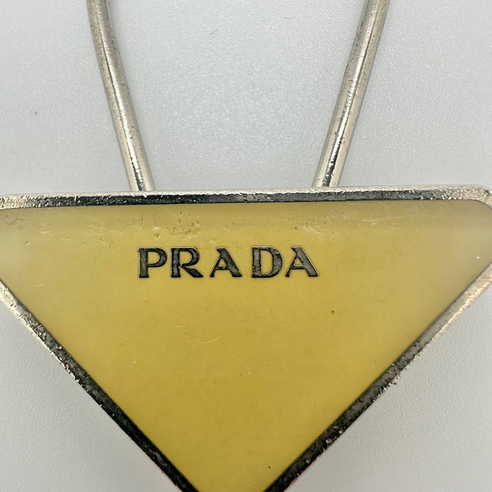 Authentic Prada Triangle Logo Key Ring Keychain Yellow Enamel Silver Tone - Picture 2 of 11